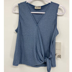 Love Wins Knot Blue Textured Sleeveless Blouse Top NEW XL Juniors Wrap Vneck